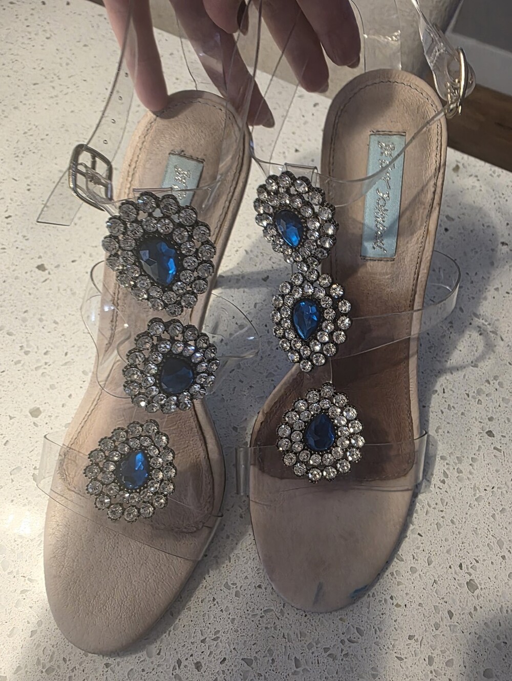 Betsey Johnson Clear Strap Stiletto Sandals with Blue Gem Accents - Picture 2 of 7